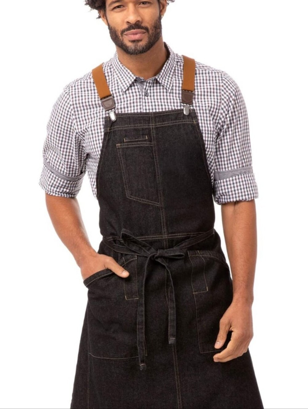 Men's Black Denim Bib Apron with Brown suspenders